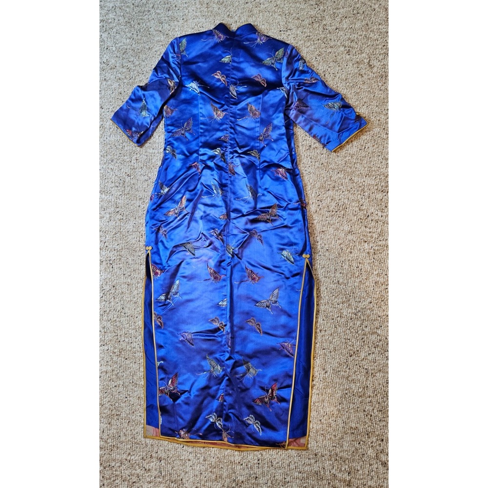 Blue Satin Butterfly Embroidered Cheongsam Qipao Maxi Dress Mandarin Collar - Picture 12 of 16